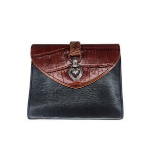 Brighton Wallet Leather Brown Black Silver Heart Tri Fold Braided